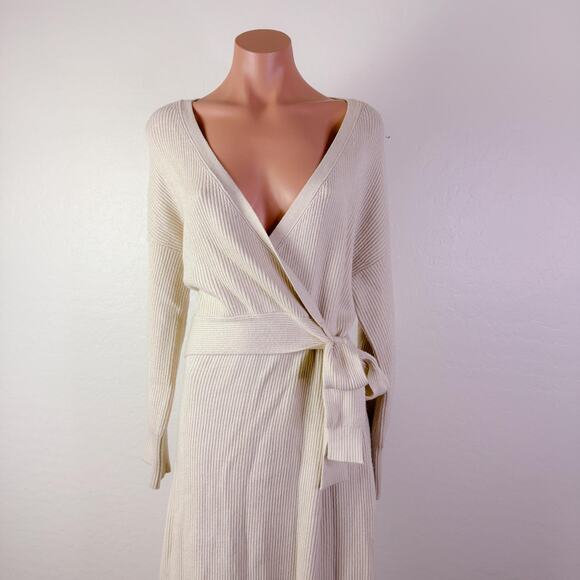 WAYF Ribbed Knit Long Sleeve Tie Wrap Sweater Dress Cream Fall Cozy Size L NWT - Picture 1 of 12
